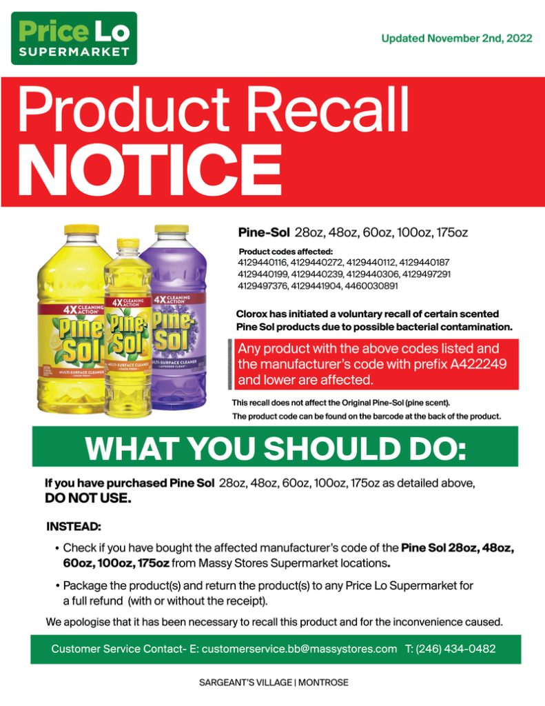 Product Recall Notice Massy Stores Barbados